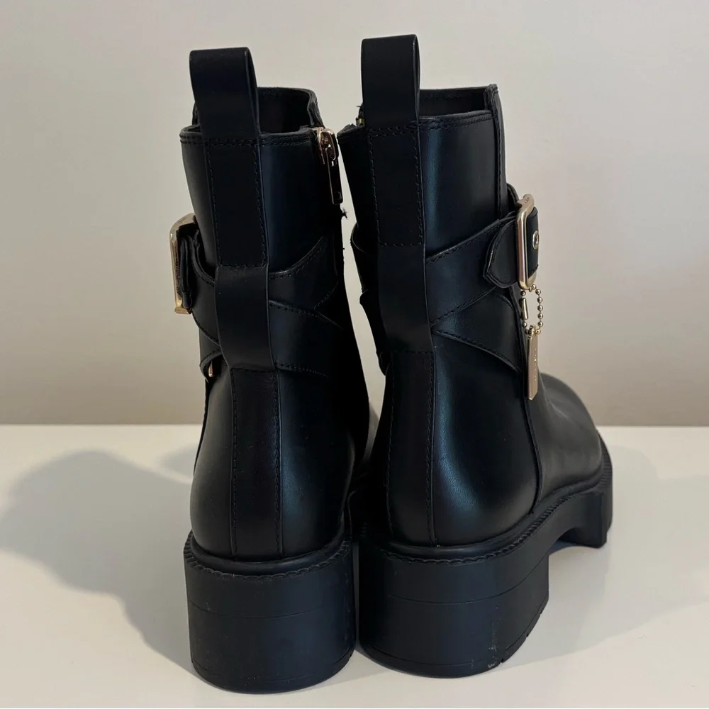 Coach Black Ankle Booties with Gold Buckle - Picture 3 of 10
